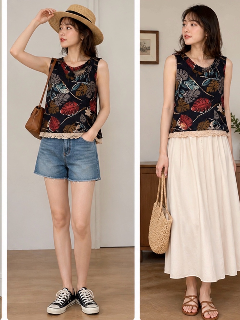 Crew Neck Sleeveless Floral Print Tank top relaxed Free Size L